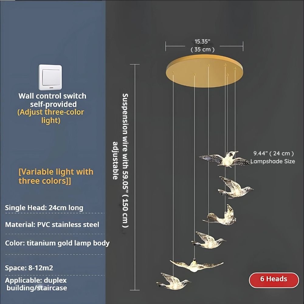 Bird Spiral Long Led Chandelier for Staircase and Foyer - Gold6 LightsCool white 6000Keverlamps