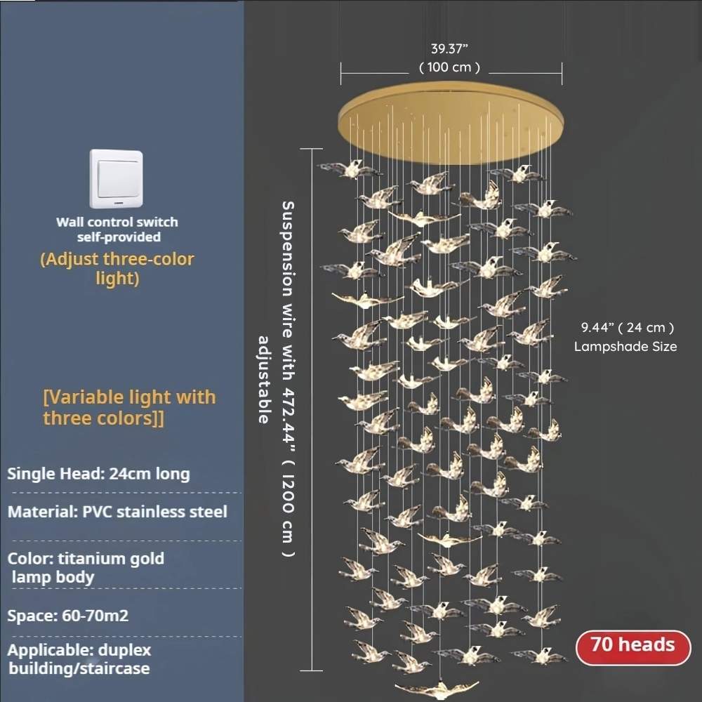 Bird Spiral Long Led Chandelier for Staircase and Foyer - Gold6 LightsCool white 6000Keverlamps