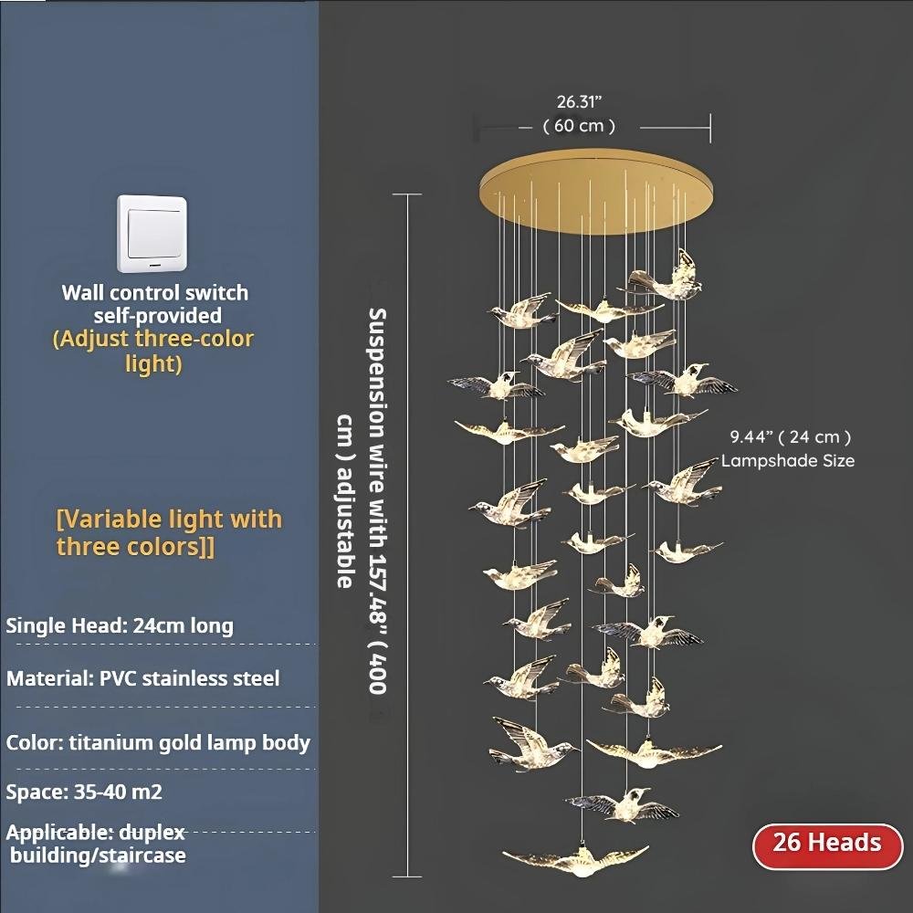 Bird Spiral Long Led Chandelier for Staircase and Foyer - Gold6 LightsCool white 6000Keverlamps