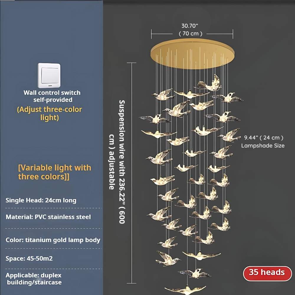 Bird Spiral Long Led Chandelier for Staircase and Foyer - Gold6 LightsCool white 6000Keverlamps