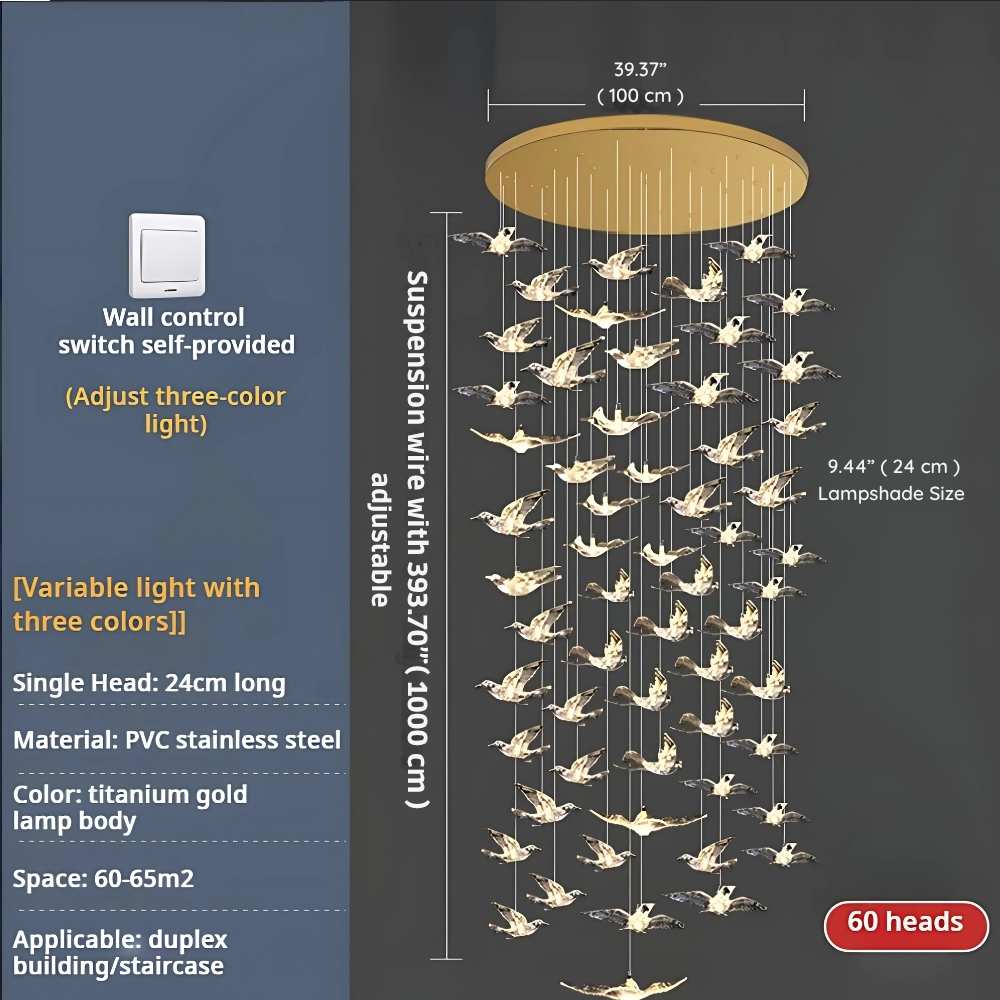 Bird Spiral Long Led Chandelier for Staircase and Foyer - Gold6 LightsCool white 6000Keverlamps