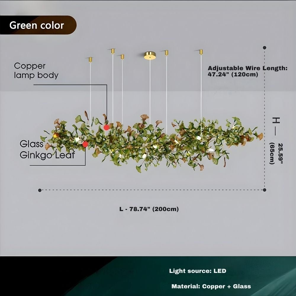Calla Ginko Leaf Linear Chandelier - GreenL59.06" (150cm)Warm Light 2700Keverlamps