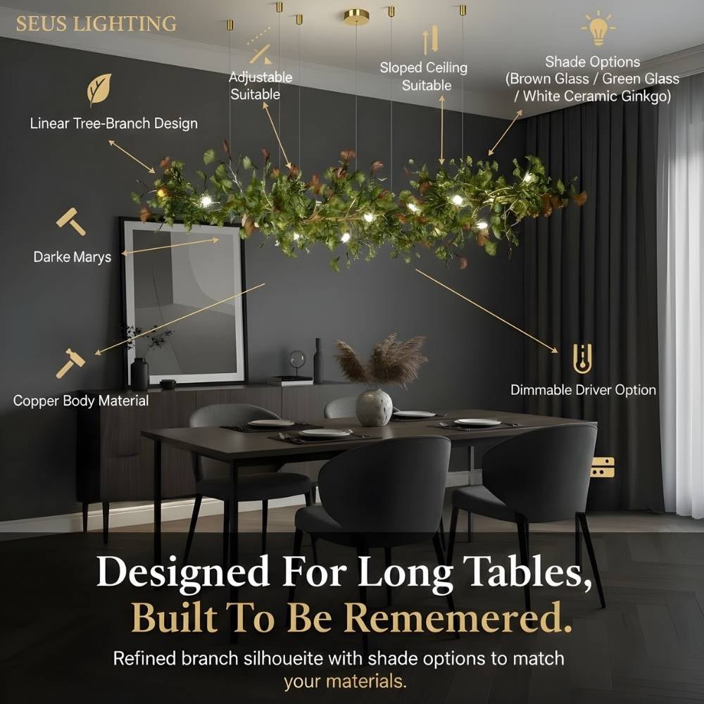 Calla Ginko Leaf Linear Chandelier - GreenL59.06" (150cm)Warm Light 2700Keverlamps