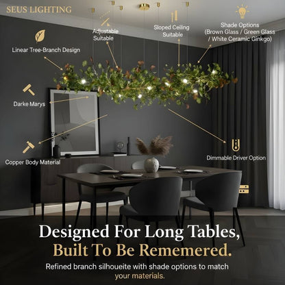 Calla Ginko Leaf Linear Chandelier - GreenL59.06" (150cm)Warm Light 2700Keverlamps