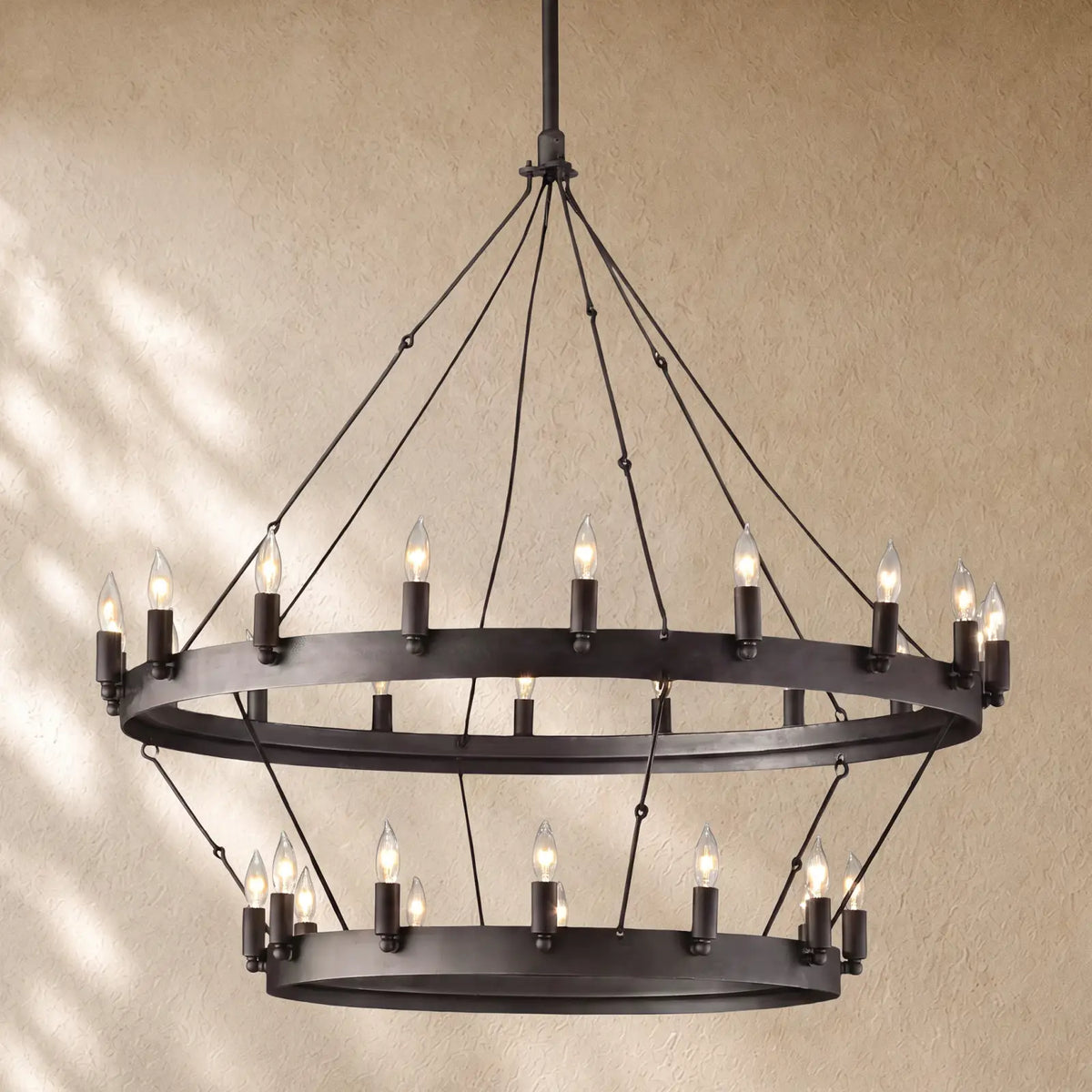Caminon Vintage 2-Tier Round Chandelier - 38’’D / Matte Black / Candelabra
