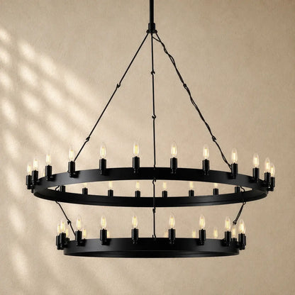 Caminon Vintage 2-Tier Round Chandelier - 63’’D / Matte Black / Candelabra