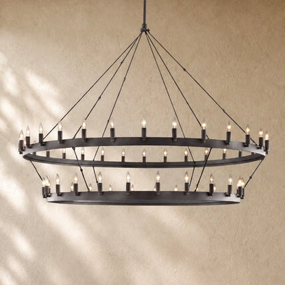 Caminon Vintage 2-Tier Round Chandelier - 73’’D / Matte Black / Candelabra