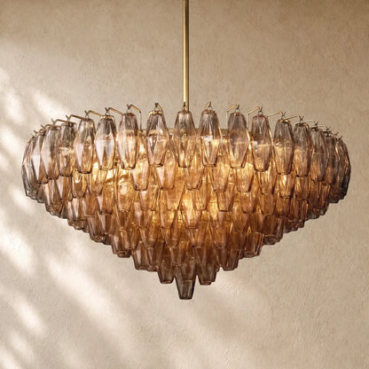 Chiaramn Glass Tiered Round Chandelier - Smoke / 37’’ / Lacquered Burnished Brasss