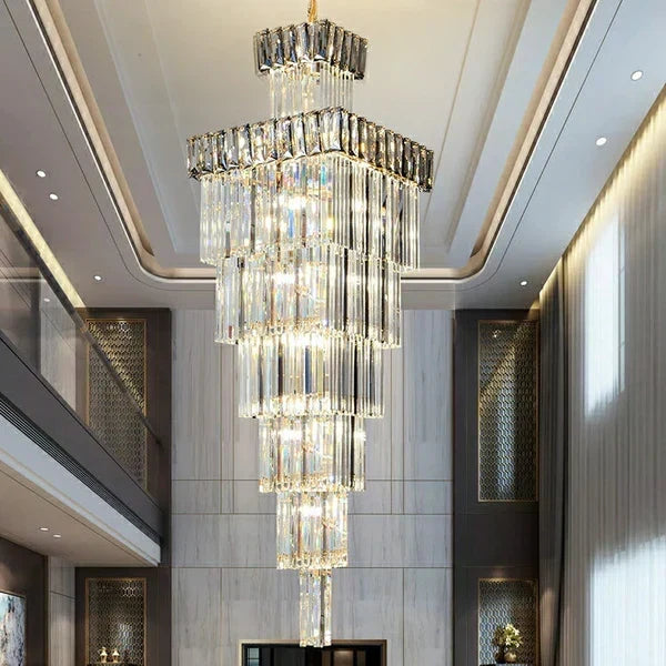 Decorative Large Vertical Crystal Staircase Chandelier Foyer Ceiling Light Fixture Lamp In Gray/ Amber Brim