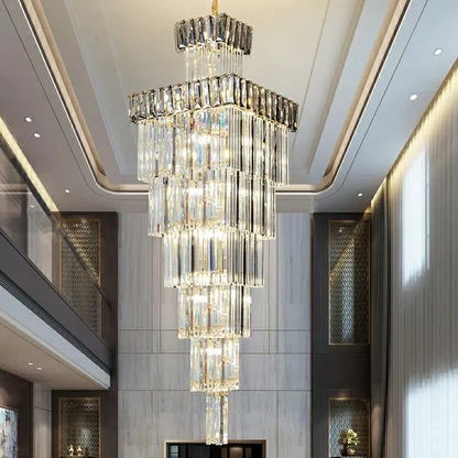 Decorative Large Vertical Crystal Staircase Chandelier Foyer Ceiling Light Fixture Lamp In Gray/ Amber Brim