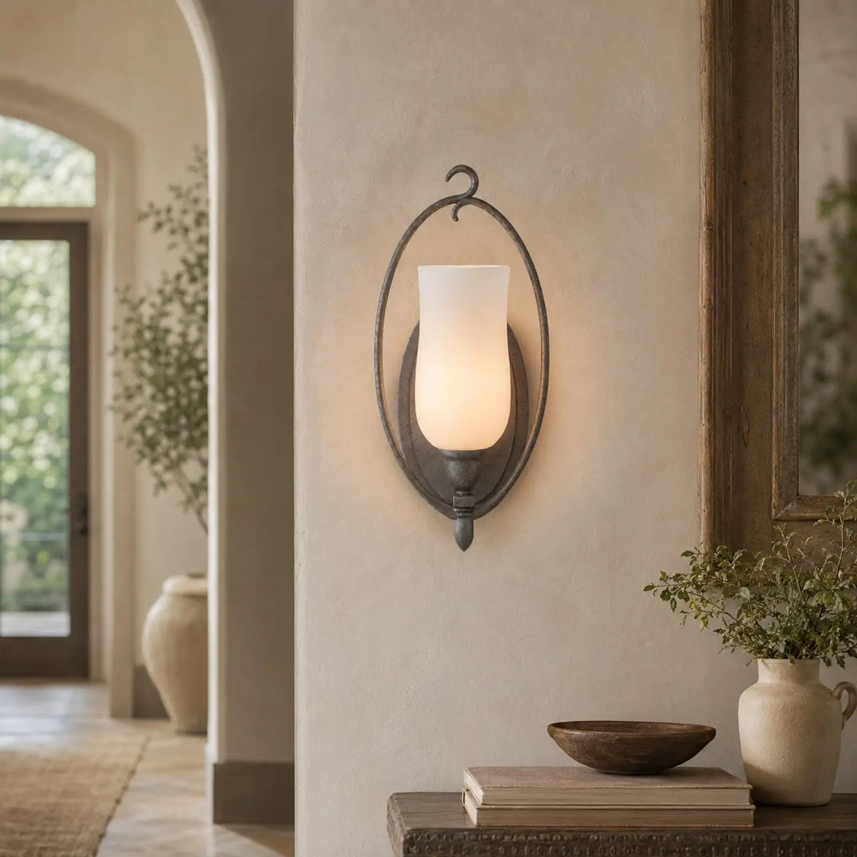 Elara Aged Iron Oval Wall Sconce with Opal Acrylic Shade