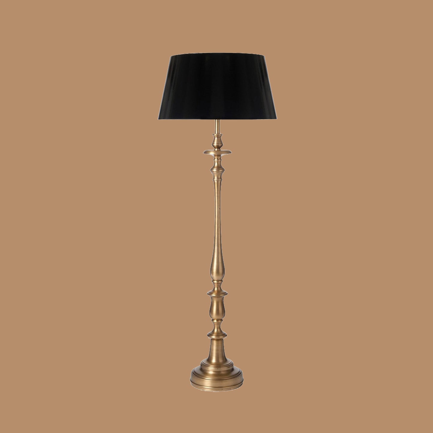 Alden Antique Brass Floor Lamp with Black Fabric Shade