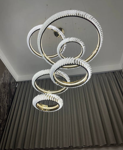 Extra Large Multi - layers Rings Crystal Chandelier Modern Art Waves Creative Pendant Light For High - ciling Foyer/Hallway/Staircase - 4 Layers:D39.4"GoldWarm Lighteverlamps