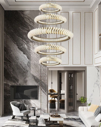 Extra Large Multi - layers Rings Crystal Chandelier Modern Art Waves Creative Pendant Light For High - ciling Foyer/Hallway/Staircase - 4 Layers:D39.4"GoldWarm Lighteverlamps