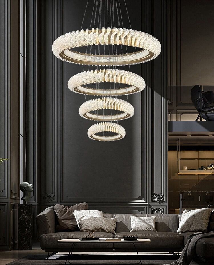 Extra Large Multi - layers Rings Crystal Chandelier Modern Art Waves Creative Pendant Light For High - ciling Foyer/Hallway/Staircase - 4 Layers:D39.4"GoldWarm Lighteverlamps