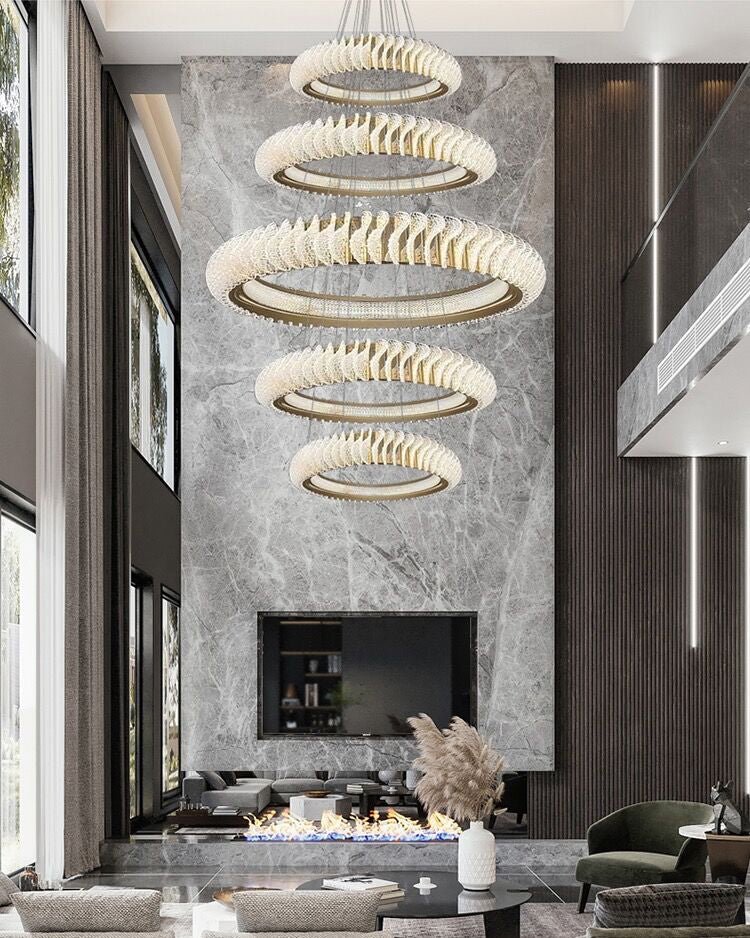 Extra Large Multi - layers Rings Crystal Chandelier Modern Art Waves Creative Pendant Light For High - ciling Foyer/Hallway/Staircase - 4 Layers:D39.4"GoldWarm Lighteverlamps