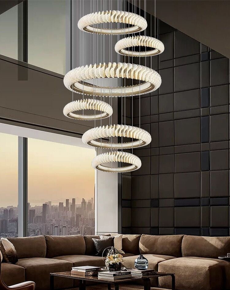 Extra Large Multi - layers Rings Crystal Chandelier Modern Art Waves Creative Pendant Light For High - ciling Foyer/Hallway/Staircase - 4 Layers:D39.4"GoldWarm Lighteverlamps