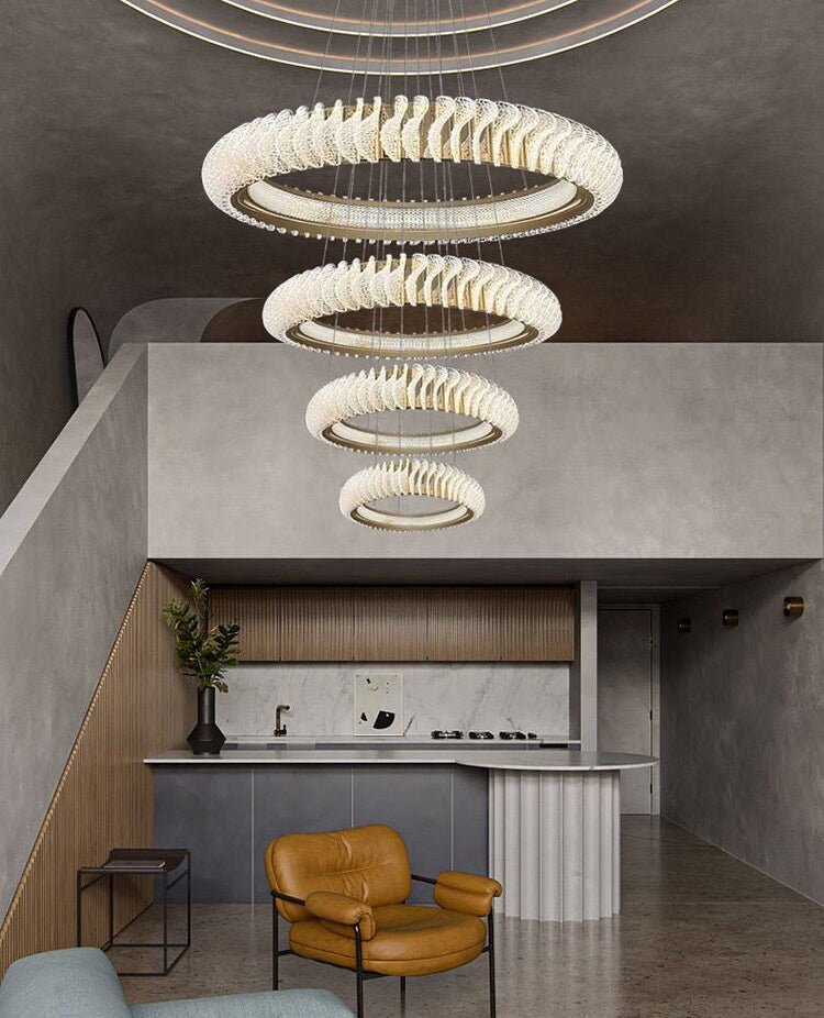 Extra Large Multi - layers Rings Crystal Chandelier Modern Art Waves Creative Pendant Light For High - ciling Foyer/Hallway/Staircase - 4 Layers:D39.4"GoldWarm Lighteverlamps