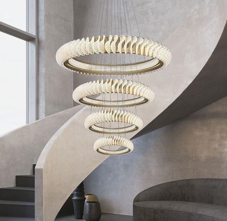 Extra Large Multi - layers Rings Crystal Chandelier Modern Art Waves Creative Pendant Light For High - ciling Foyer/Hallway/Staircase - 4 Layers:D39.4"GoldWarm Lighteverlamps