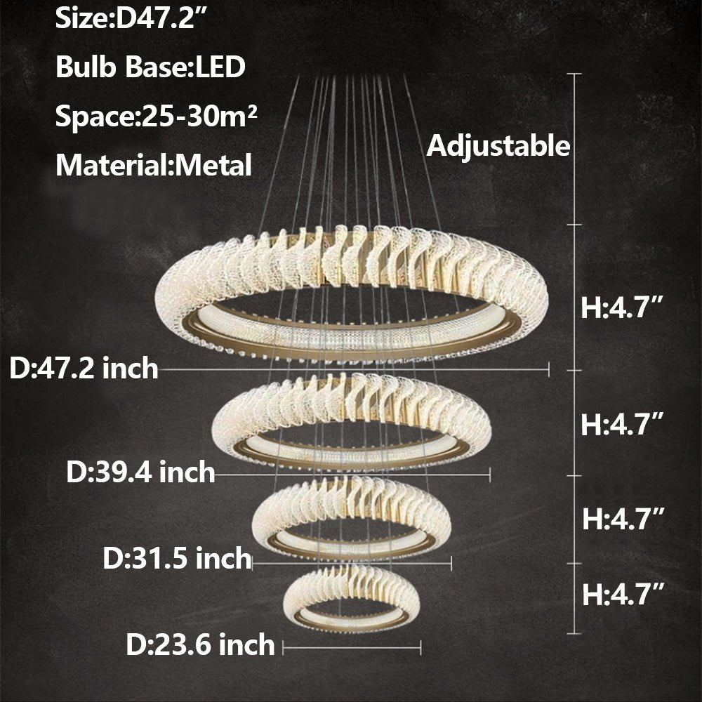 Extra Large Multi - layers Rings Crystal Chandelier Modern Art Waves Creative Pendant Light For High - ciling Foyer/Hallway/Staircase - 4 Layers:D39.4"GoldWarm Lighteverlamps