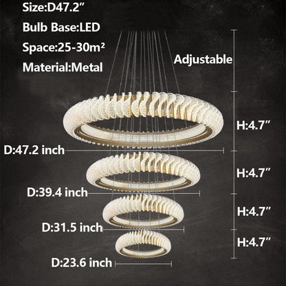 Extra Large Multi - layers Rings Crystal Chandelier Modern Art Waves Creative Pendant Light For High - ciling Foyer/Hallway/Staircase - 4 Layers:D39.4"GoldWarm Lighteverlamps