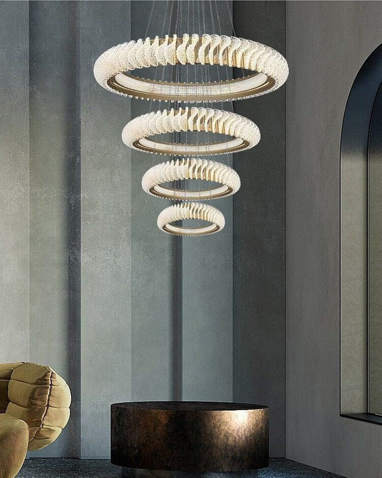 Extra Large Multi - layers Rings Crystal Chandelier Modern Art Waves Creative Pendant Light For High - ciling Foyer/Hallway/Staircase - 4 Layers:D39.4"GoldWarm Lighteverlamps