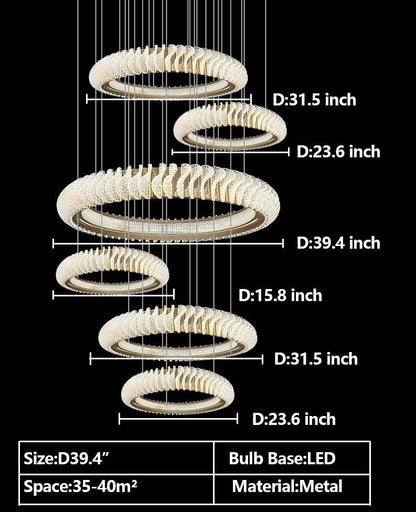 Extra Large Multi - layers Rings Crystal Chandelier Modern Art Waves Creative Pendant Light For High - ciling Foyer/Hallway/Staircase - 4 Layers:D39.4"GoldWarm Lighteverlamps
