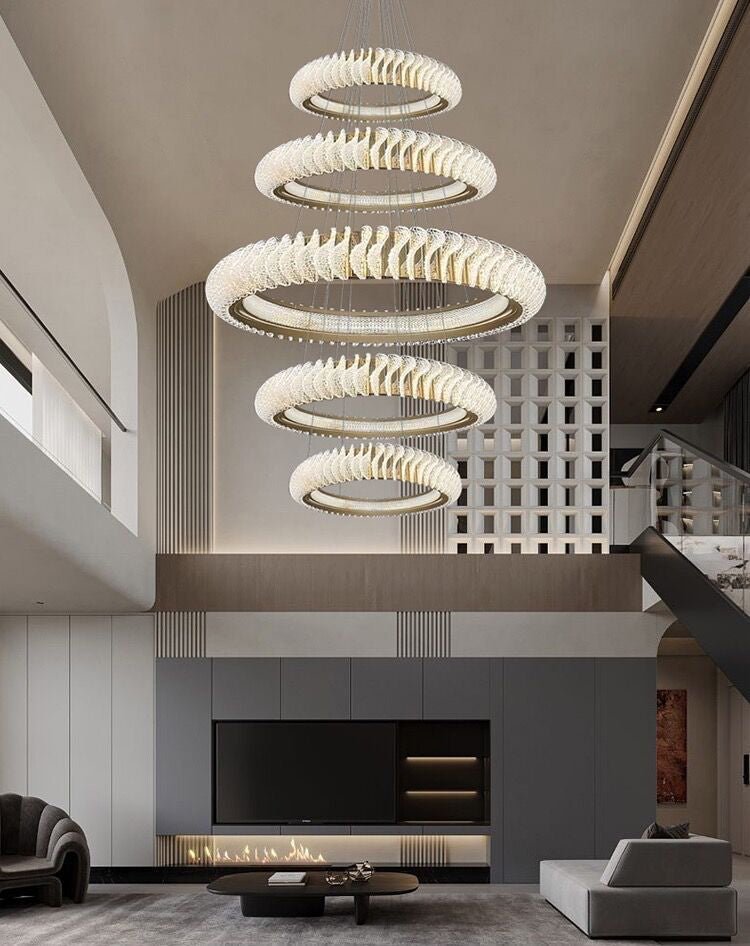 Extra Large Multi - layers Rings Crystal Chandelier Modern Art Waves Creative Pendant Light For High - ciling Foyer/Hallway/Staircase - 4 Layers:D39.4"GoldWarm Lighteverlamps