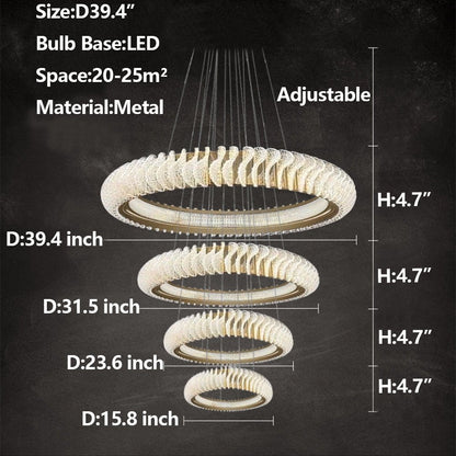 Extra Large Multi - layers Rings Crystal Chandelier Modern Art Waves Creative Pendant Light For High - ciling Foyer/Hallway/Staircase - 4 Layers:D39.4"GoldWarm Lighteverlamps