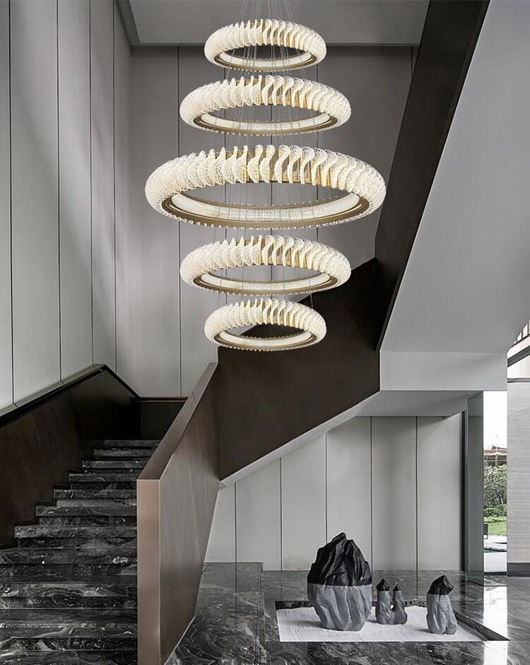 Extra Large Multi - layers Rings Crystal Chandelier Modern Art Waves Creative Pendant Light For High - ciling Foyer/Hallway/Staircase - 4 Layers:D39.4"GoldWarm Lighteverlamps