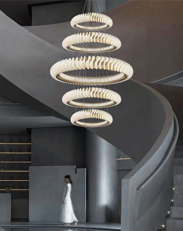 Extra Large Multi - layers Rings Crystal Chandelier Modern Art Waves Creative Pendant Light For High - ciling Foyer/Hallway/Staircase - 4 Layers:D39.4"GoldWarm Lighteverlamps
