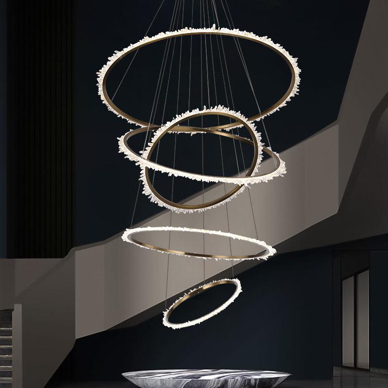 Gina Rock Crystal Multi Rings Chandelier For Staircase - 5 Rings: 15.7"D + 23.6"D + 31.5"D + 39.4"D + 59"Deverlamps