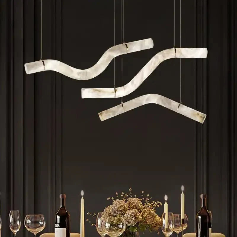 Liberty Curved Pendant Alabaster Chandelier, Pendant Light Over Dining Table - Style B 60.5"W * 4.75"D * 12.5"HBrasseverlamps