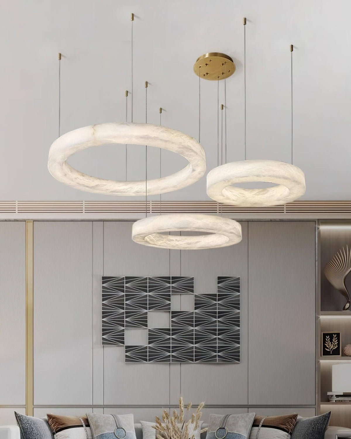 Marika Alabaster Chandelier - 3 Rings S 19.6″+23.6″+31.5″ / 50cm+60cm+80cmBrass & White AlabasterWarm Whiteeverlamps