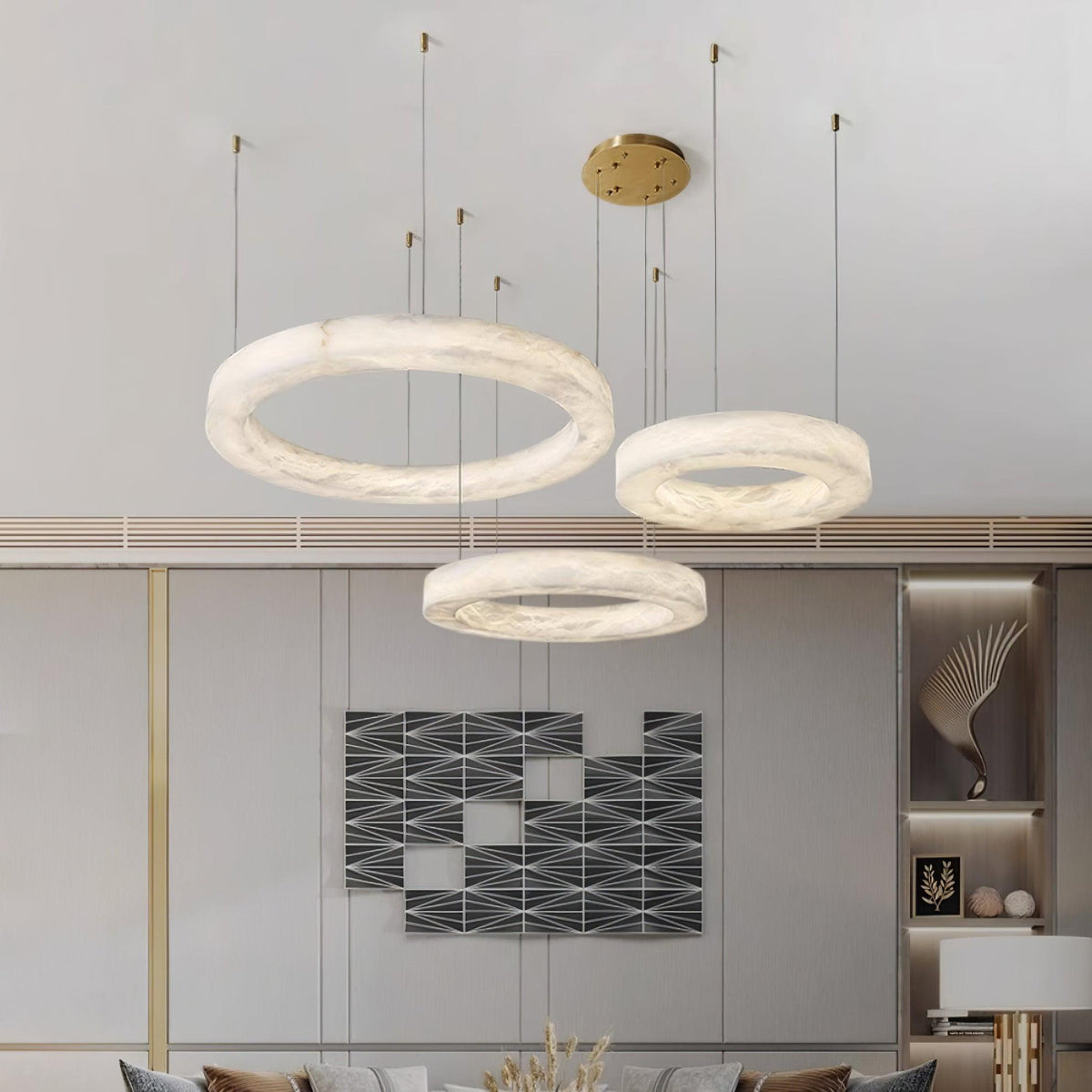 Marika Alabaster Chandelier - 3 Rings S 19.6″+23.6″+31.5″ / 50cm+60cm+80cmBrass & White AlabasterWarm Whiteeverlamps