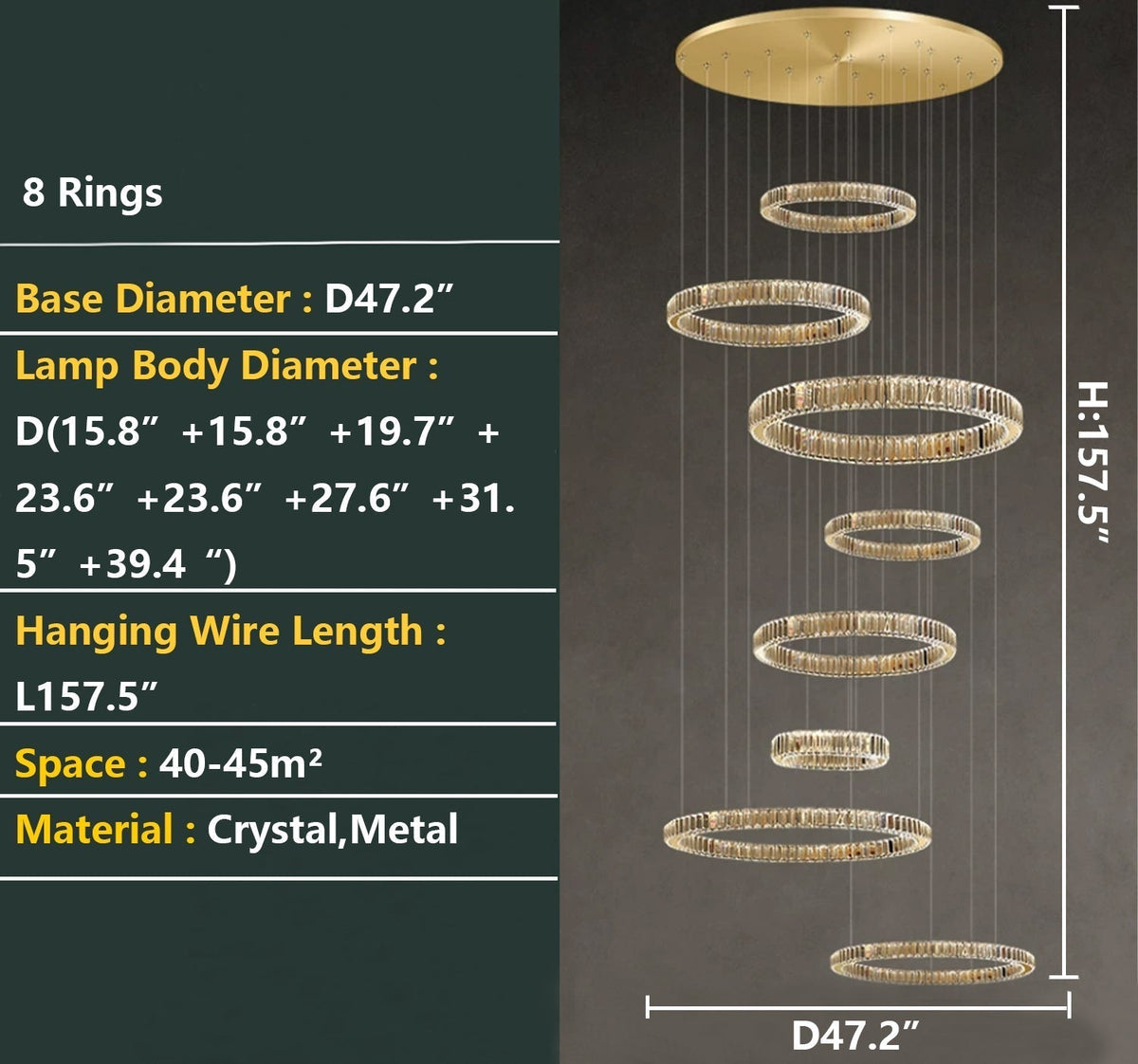 Modern Layered Ring Crystal Chandelier For High Ceiling Living Room /Foryer/Stairscase - 5 Rings:D23.6"*H78.7"Warm Lighteverlamps