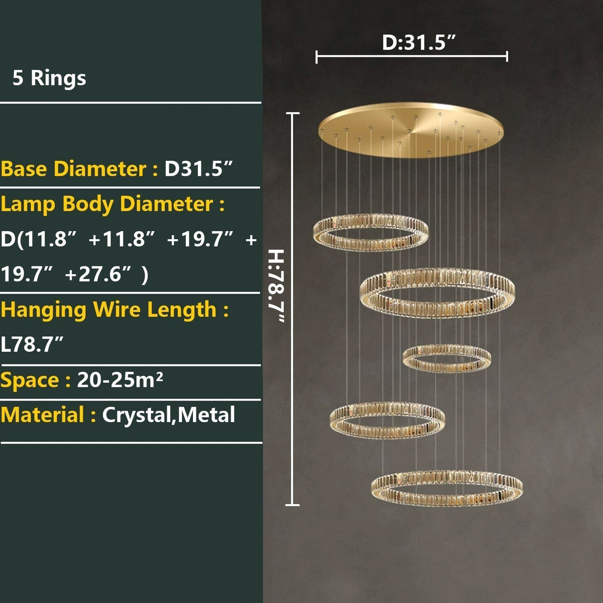 Modern Layered Ring Crystal Chandelier For High Ceiling Living Room /Foryer/Stairscase - 5 Rings:D23.6"*H78.7"Warm Lighteverlamps