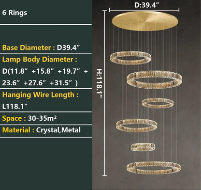 Modern Layered Ring Crystal Chandelier For High Ceiling Living Room /Foryer/Stairscase - 5 Rings:D23.6"*H78.7"Warm Lighteverlamps