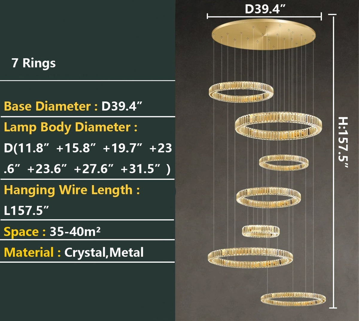 Modern Layered Ring Crystal Chandelier For High Ceiling Living Room /Foryer/Stairscase - 5 Rings:D23.6"*H78.7"Warm Lighteverlamps