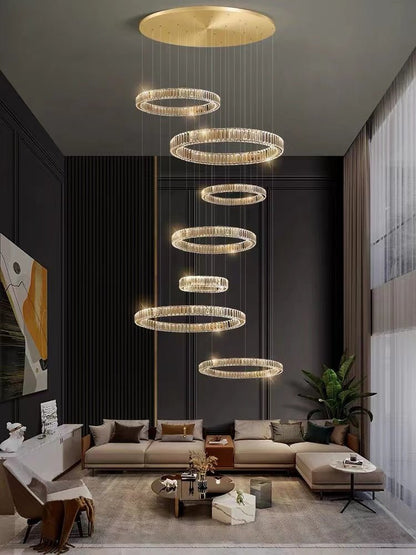 Modern Layered Ring Crystal Chandelier For High Ceiling Living Room /Foryer/Stairscase - 5 Rings:D23.6"*H78.7"Warm Lighteverlamps