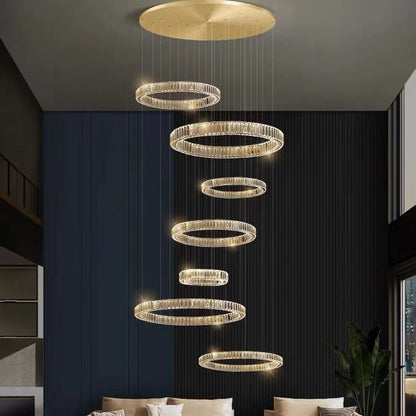 Modern Layered Ring Crystal Chandelier For High Ceiling Living Room /Foryer/Stairscase - 5 Rings:D23.6"*H78.7"Warm Lighteverlamps
