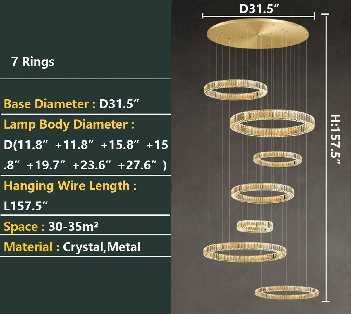 Modern Layered Ring Crystal Chandelier For High Ceiling Living Room /Foryer/Stairscase - 5 Rings:D23.6"*H78.7"Warm Lighteverlamps