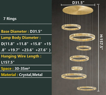 Modern Layered Ring Crystal Chandelier For High Ceiling Living Room /Foryer/Stairscase - 5 Rings:D23.6"*H78.7"Warm Lighteverlamps