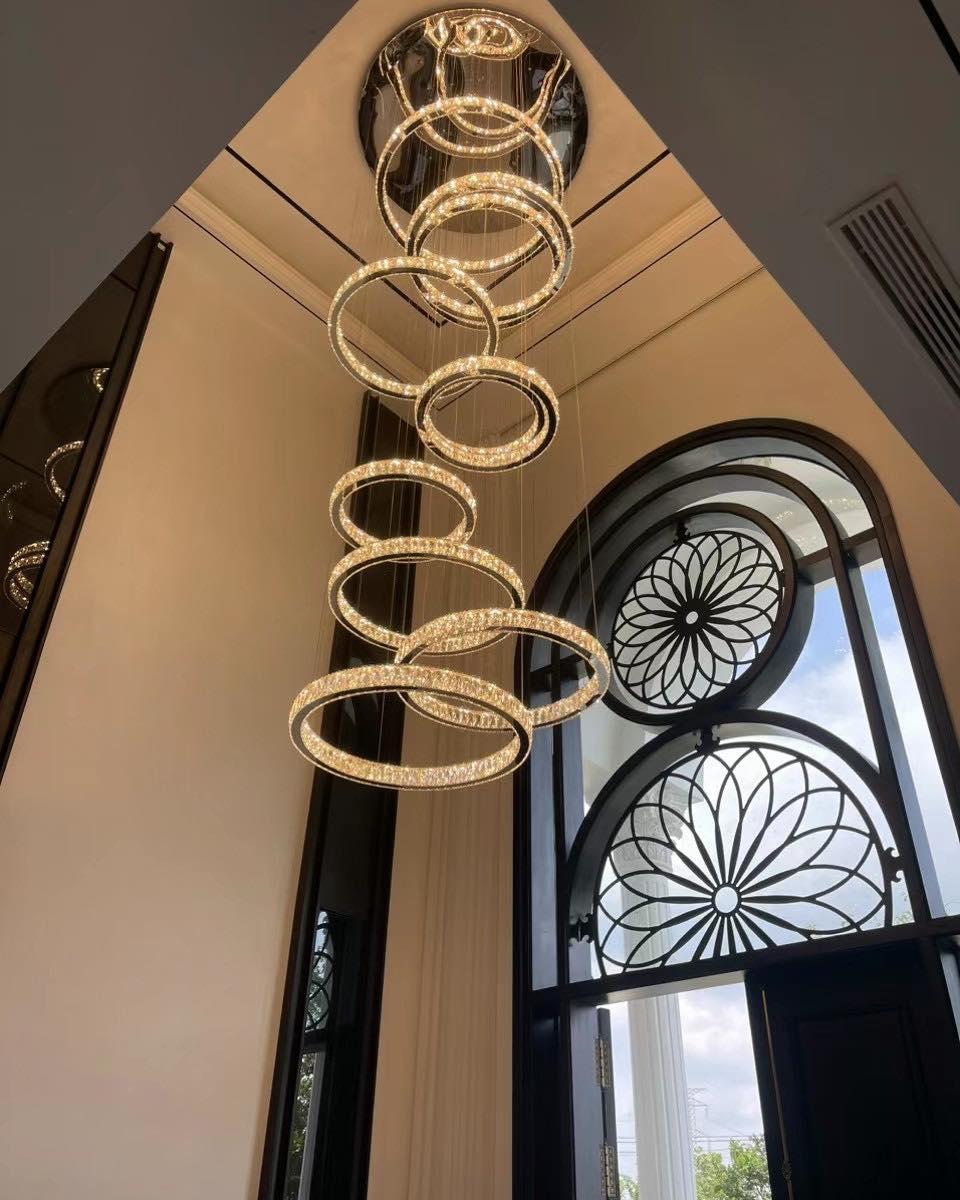 Modern Layered Ring Crystal Chandelier For High Ceiling Living Room /Foryer/Stairscase - 5 Rings:D23.6"*H78.7"Warm Lighteverlamps