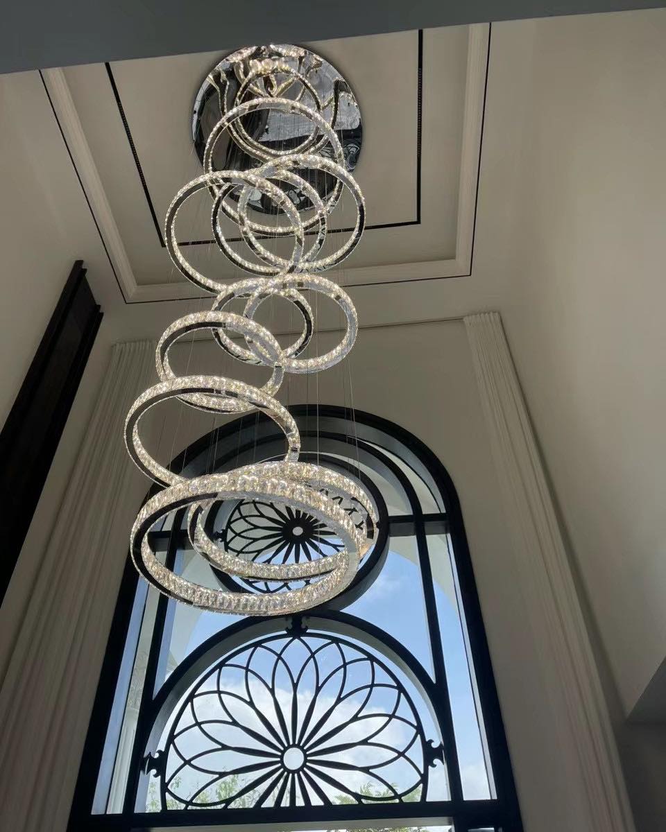 Modern Layered Ring Crystal Chandelier For High Ceiling Living Room /Foryer/Stairscase - 5 Rings:D23.6"*H78.7"Warm Lighteverlamps