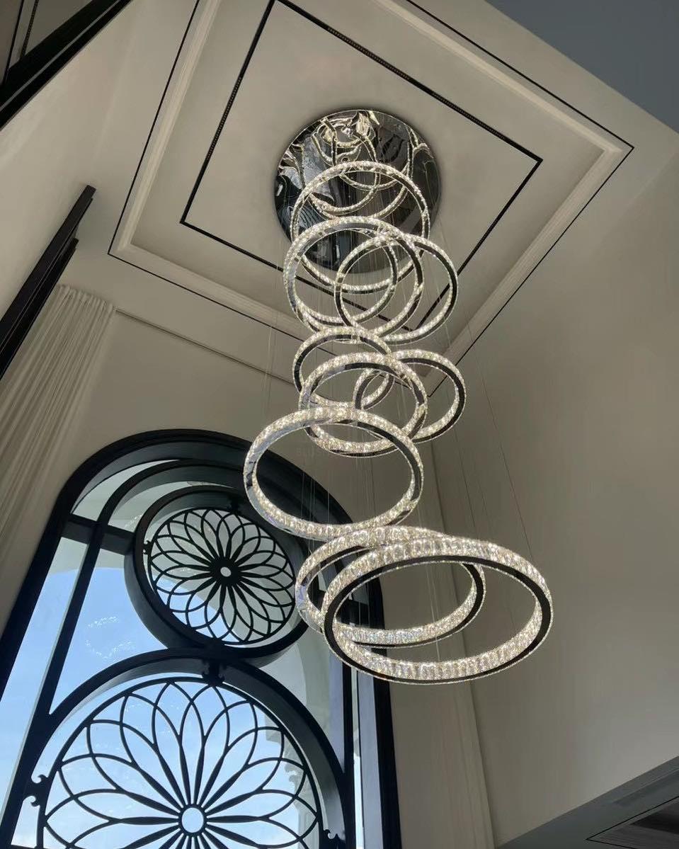 Modern Layered Ring Crystal Chandelier For High Ceiling Living Room /Foryer/Stairscase - 5 Rings:D23.6"*H78.7"Warm Lighteverlamps
