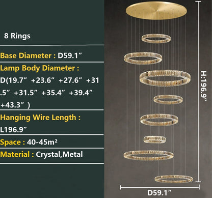 Modern Layered Ring Crystal Chandelier For High Ceiling Living Room /Foryer/Stairscase - 5 Rings:D23.6"*H78.7"Warm Lighteverlamps