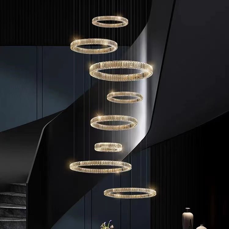 Modern Layered Ring Crystal Chandelier For High Ceiling Living Room /Foryer/Stairscase - 5 Rings:D23.6"*H78.7"Warm Lighteverlamps