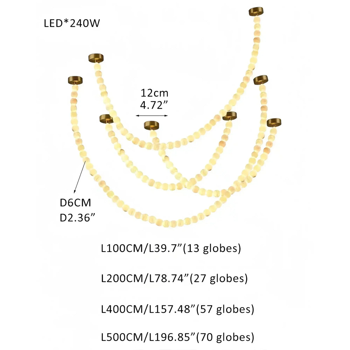 Modern LED Natural Alabaster Globes Beads Hanging Chandelier Indoor Lighting Fixture-Modern Pendant lamp-everlamps-167 globes-L100+L200+L400+L500CM/L40"+L80"+L157"+L197"-Warm Light (3000K)-Brass + White-everlamps