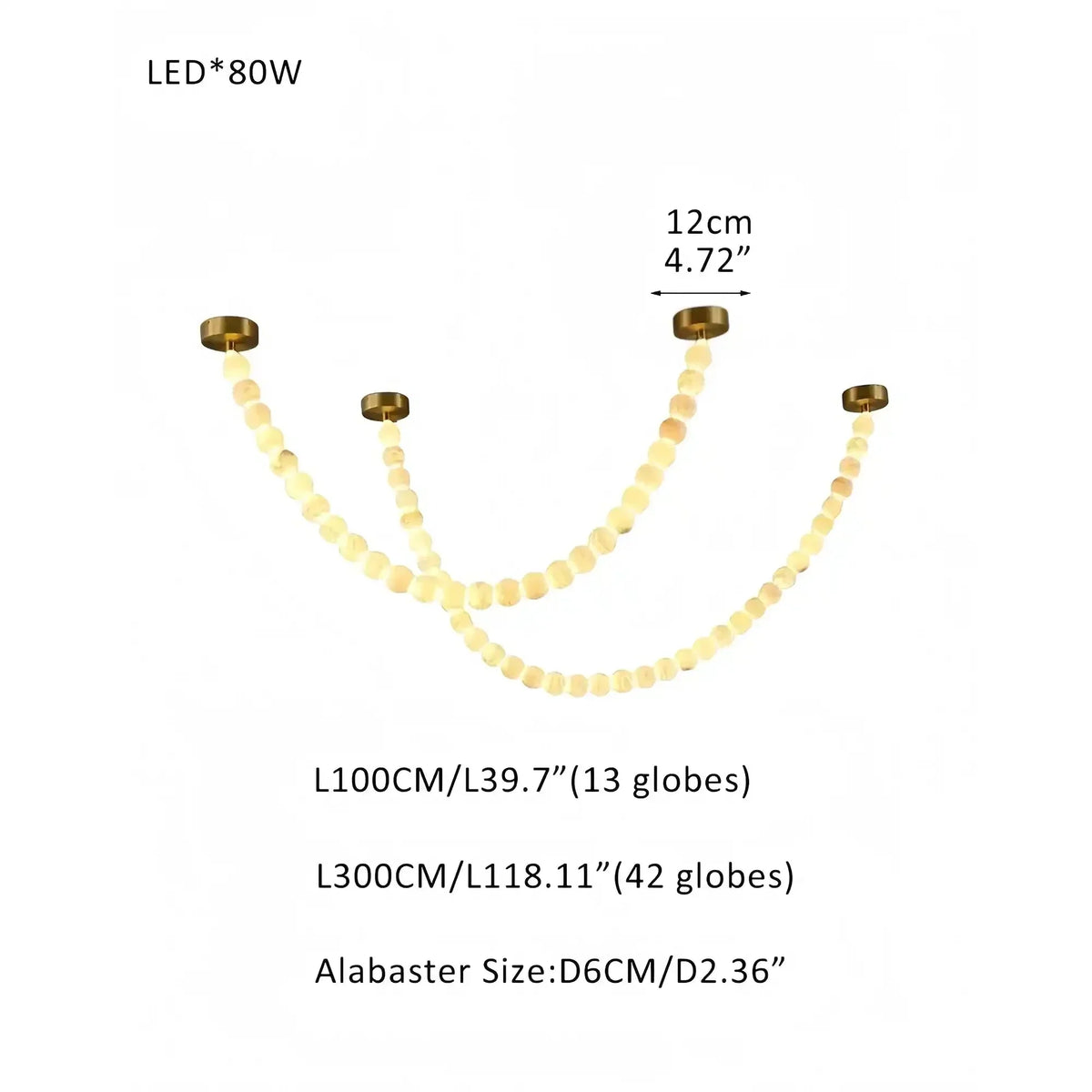 Modern LED Natural Alabaster Globes Beads Hanging Chandelier Indoor Lighting Fixture-Modern Pendant lamp-everlamps-55 globes-L100+L300CM/L40"+L118"-Warm Light (3000K)-Brass + White-everlamps